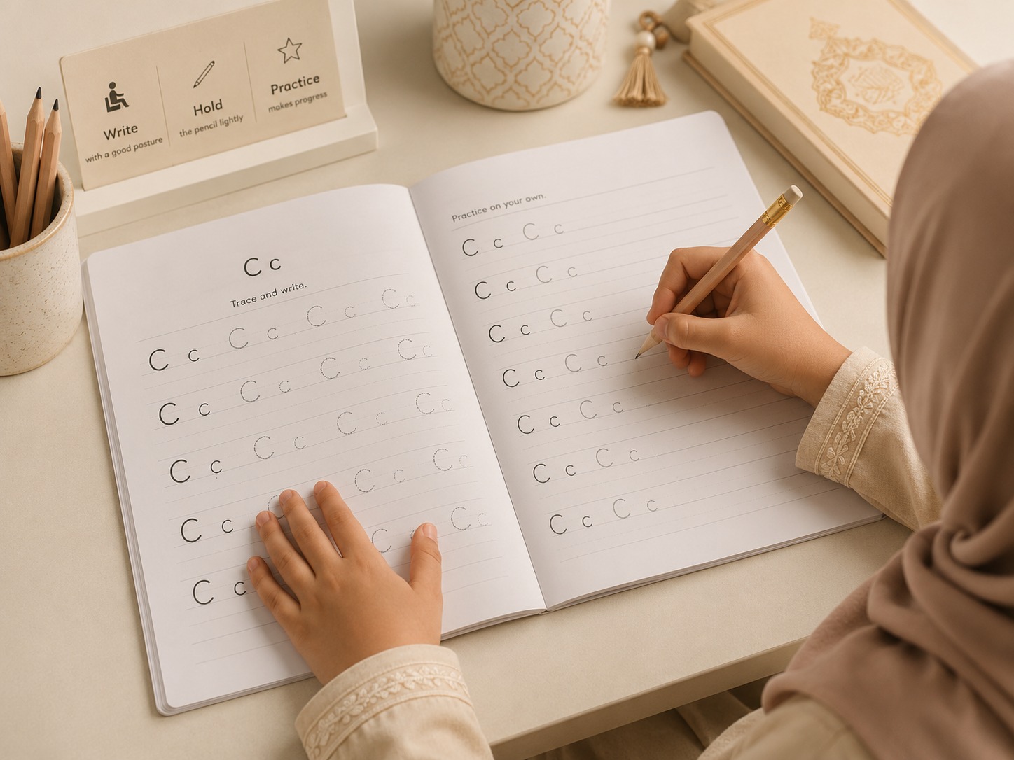 A child practising letter formation