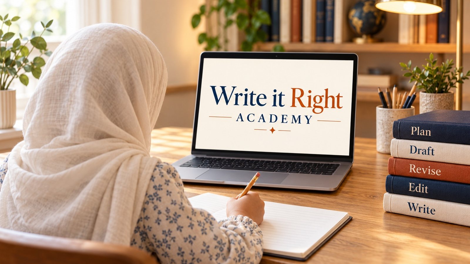 A young girl in a headscarf, seen from behind, writing at a laptop showing the Write it Right Academy logo
