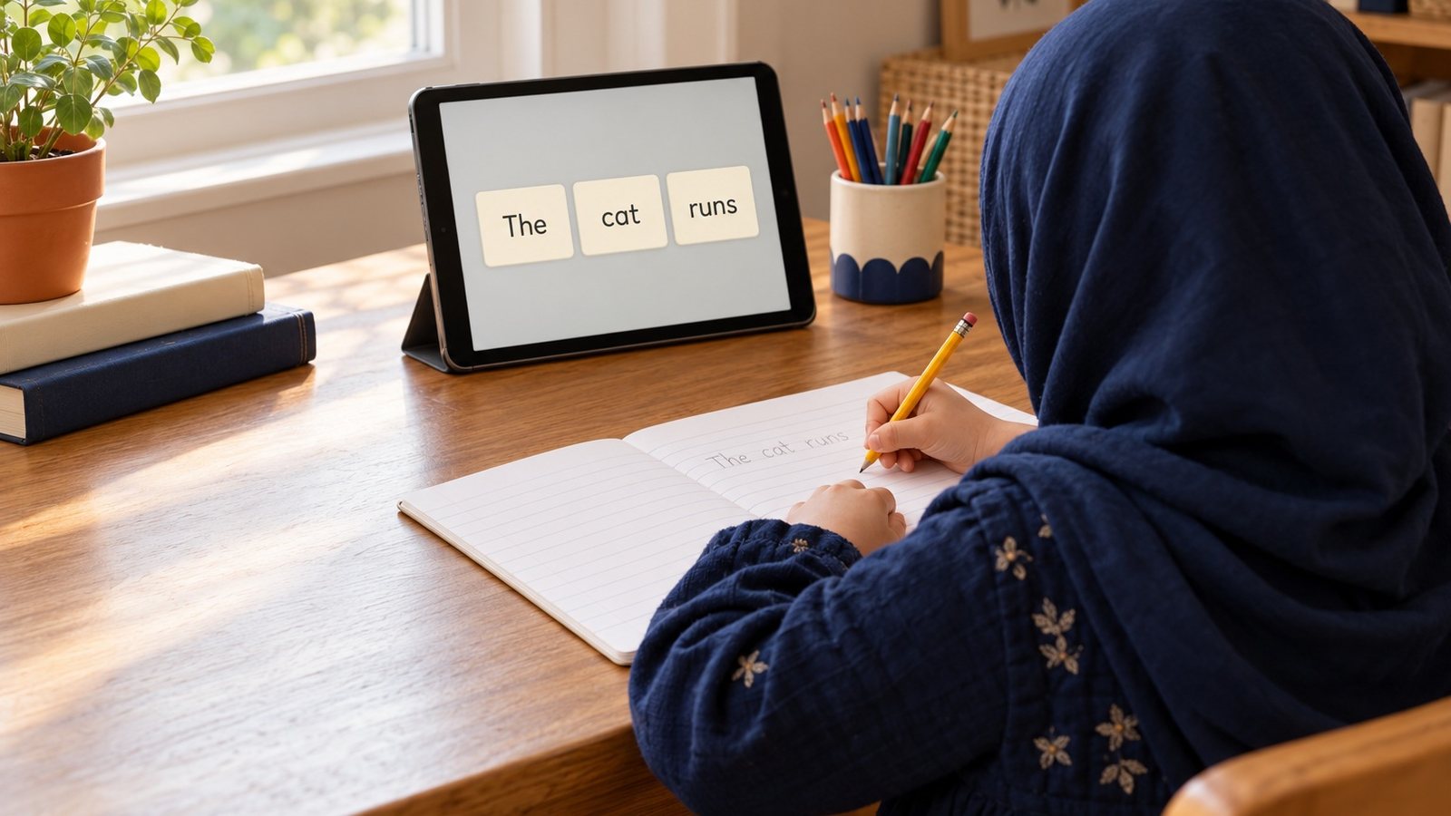A young girl in a headscarf, seen from behind, writing in her notebook beside a tablet