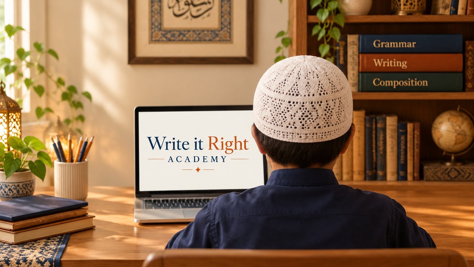 A boy in a prayer cap, seen from behind, working at a laptop showing the Write it Right Academy logo