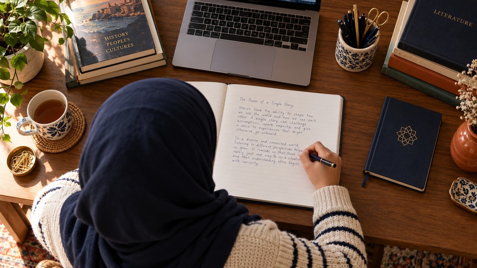 A girl in a headscarf, seen from above and behind, writing an essay with books and a laptop beside her